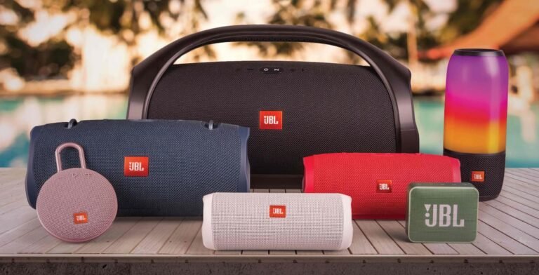 a group of jbl speakers on a table