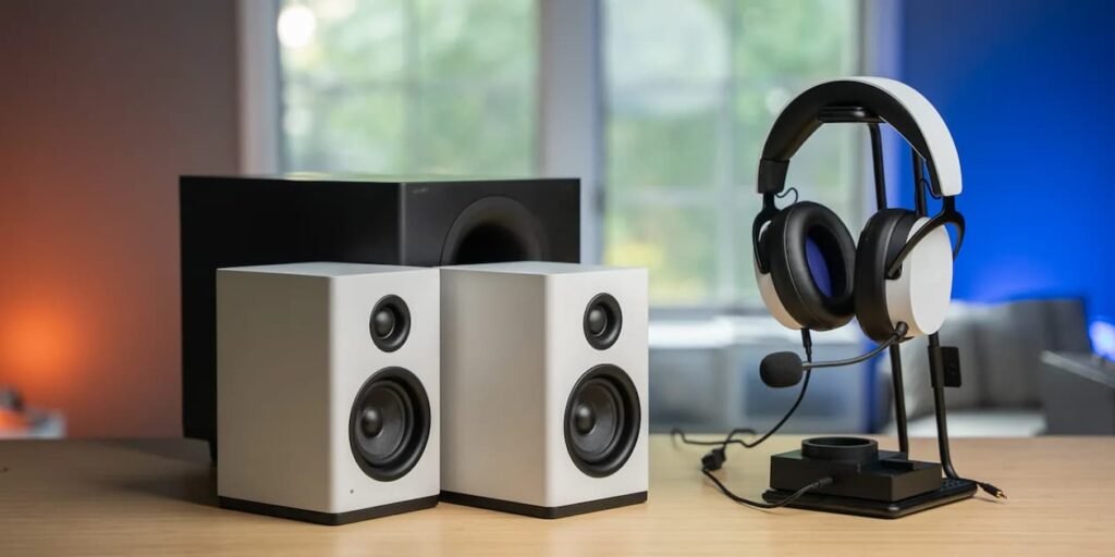 a pair of speakers and headphones on a table, differences speakers and headphones