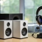 a pair of speakers and headphones on a table, differences speakers and headphones